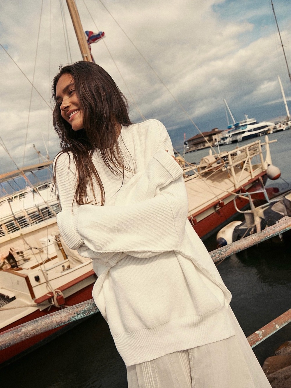 Free People Oversized Ivory Crewneck Sweater